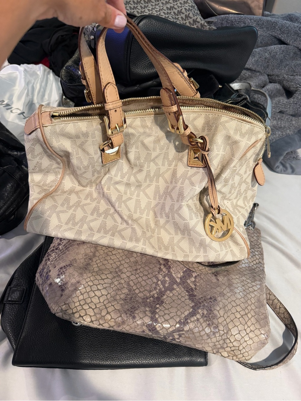 Michael Kors Beige Signature MK Satchel with Light Brown Leather Trim